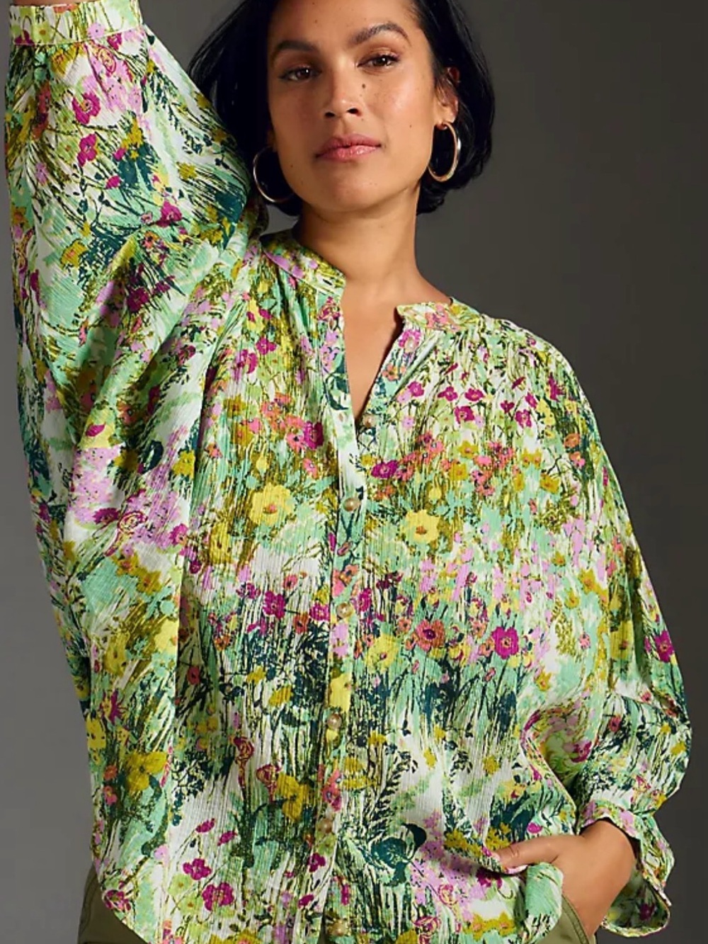 Pilcro Green Floral Button-Front Blouse - Picture 2 of 9